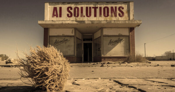 The ethics of generative AI in learning and development (Wild West ghost town concept image of an old AI solutions store with a tumbleweed in front)